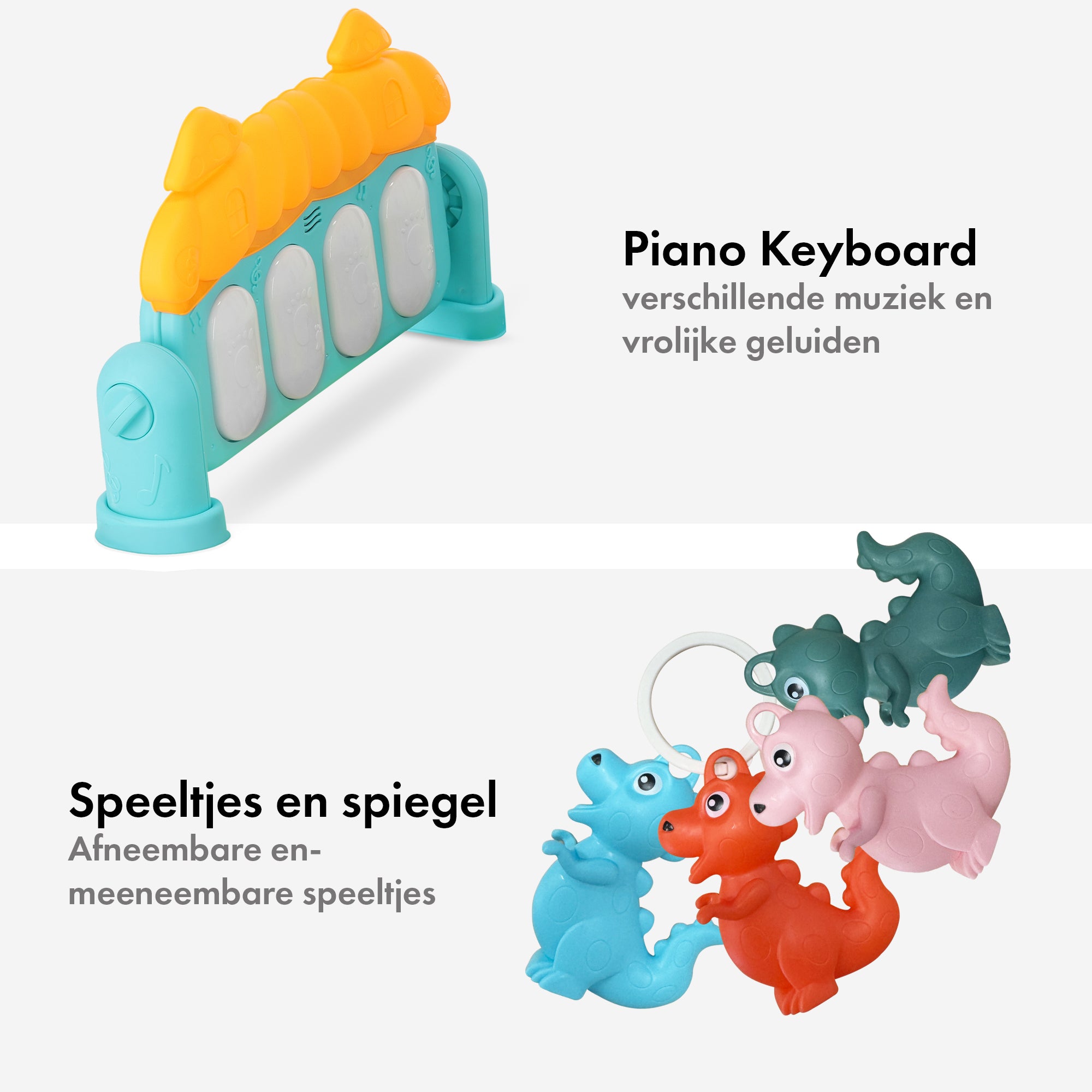 3-in-1 Baby Gym - Piano Speelmat voor Baby's - Muziek Speelkleed met Ratelaar en Spiegel - Blauw