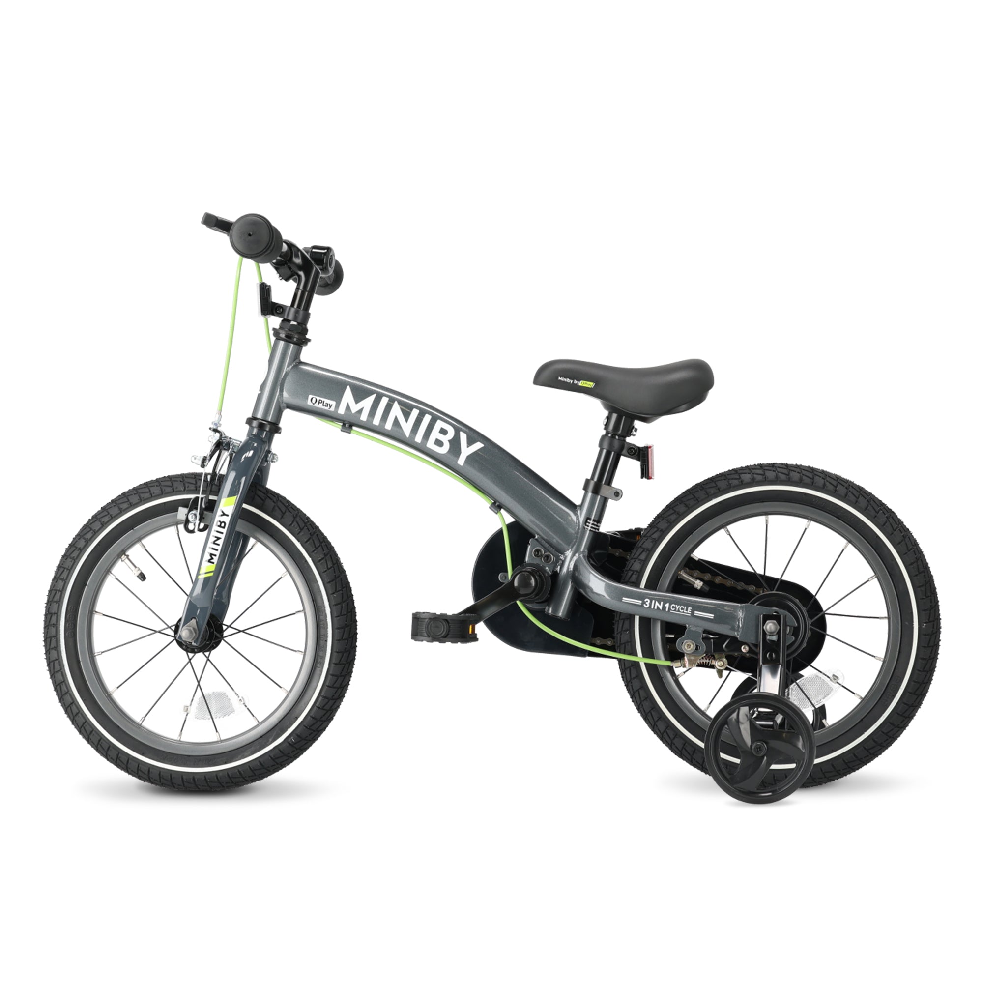 Qplay Miniby Kinderfiets 14 inch - 3 in 1 - loopfiets - Grijs