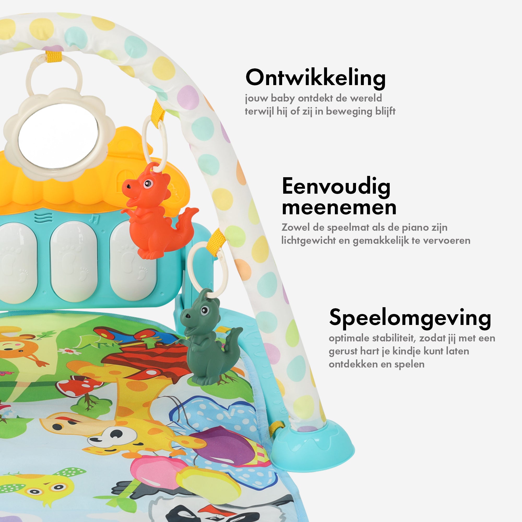 3-in-1 Baby Gym - Piano Speelmat voor Baby's - Muziek Speelkleed met Ratelaar en Spiegel - Blauw