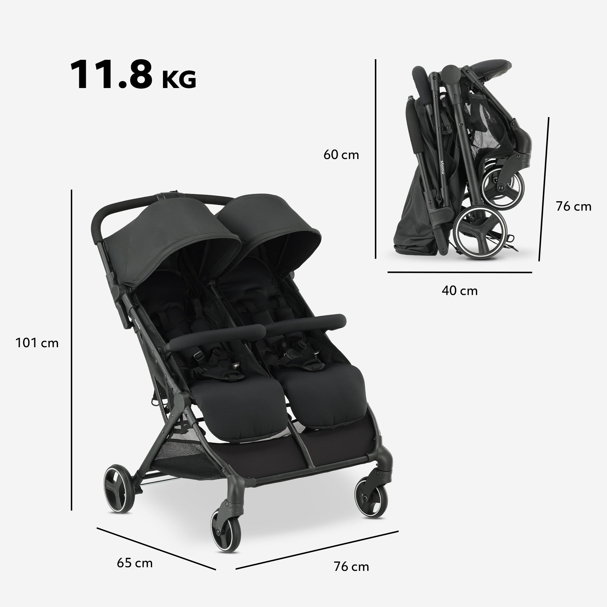 Mooiys Tess Twin Duo Buggy - Inclusief regenhoes - Inclusief Draagtas - Zwart