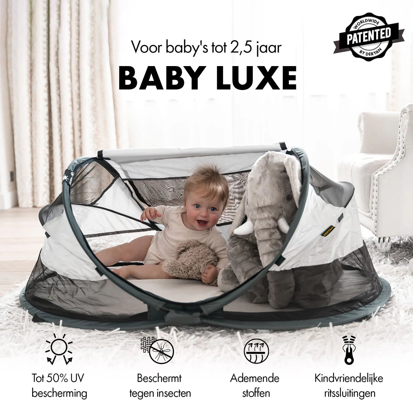 Deryan Baby Luxe Camping Cot - Includes self-inflating mattress - Cream