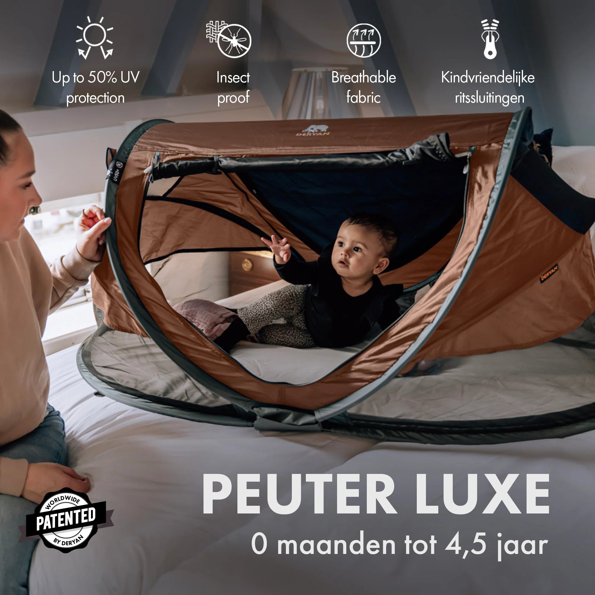 Deryan Peuter Luxe Campingbedje – Inclusief zelfopblaasbare matras - Caramel