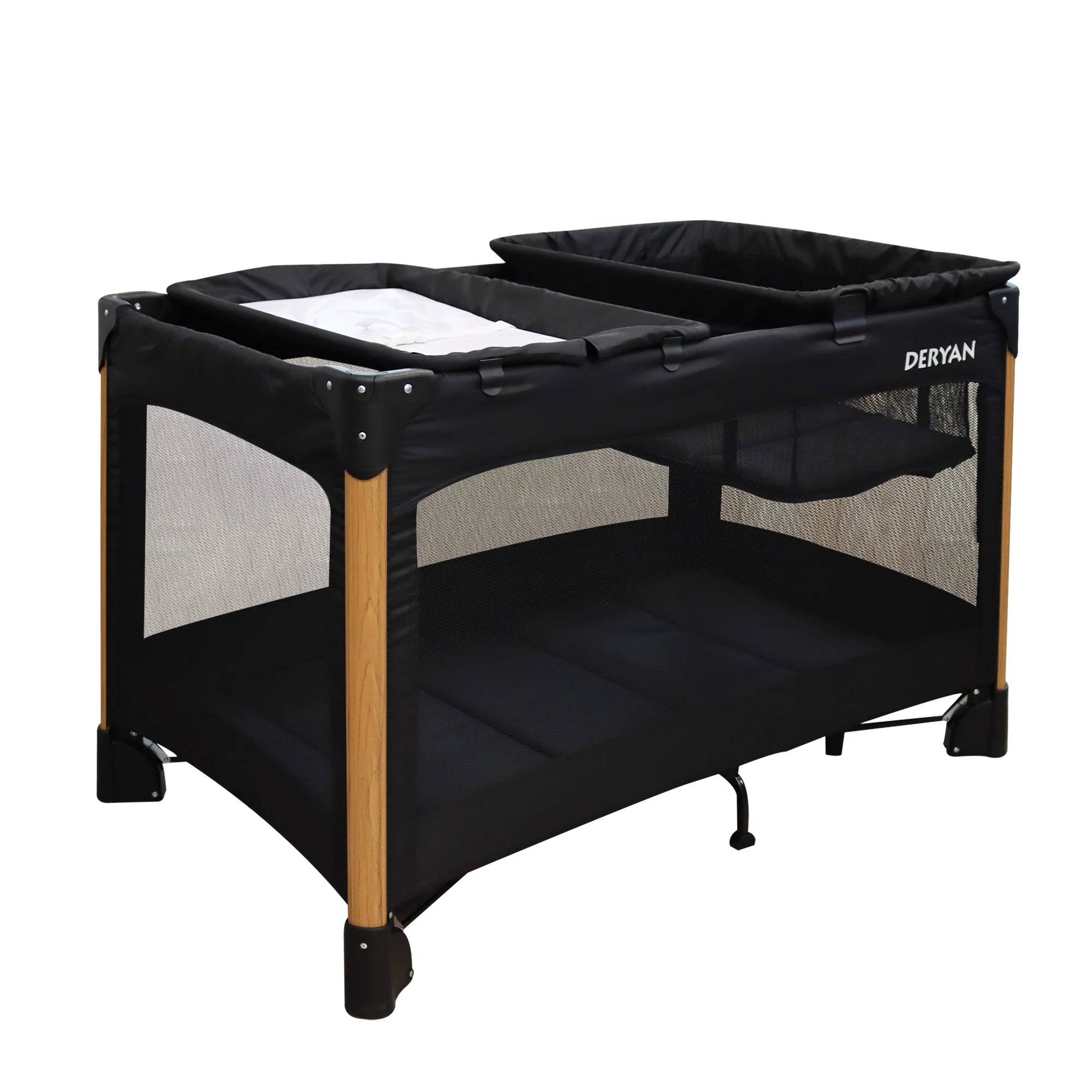 Deryan Luxe Campingbed Compleet - 120x60cm - Bodemverhoger - Verschoonblad - Opbergmand - Zwart