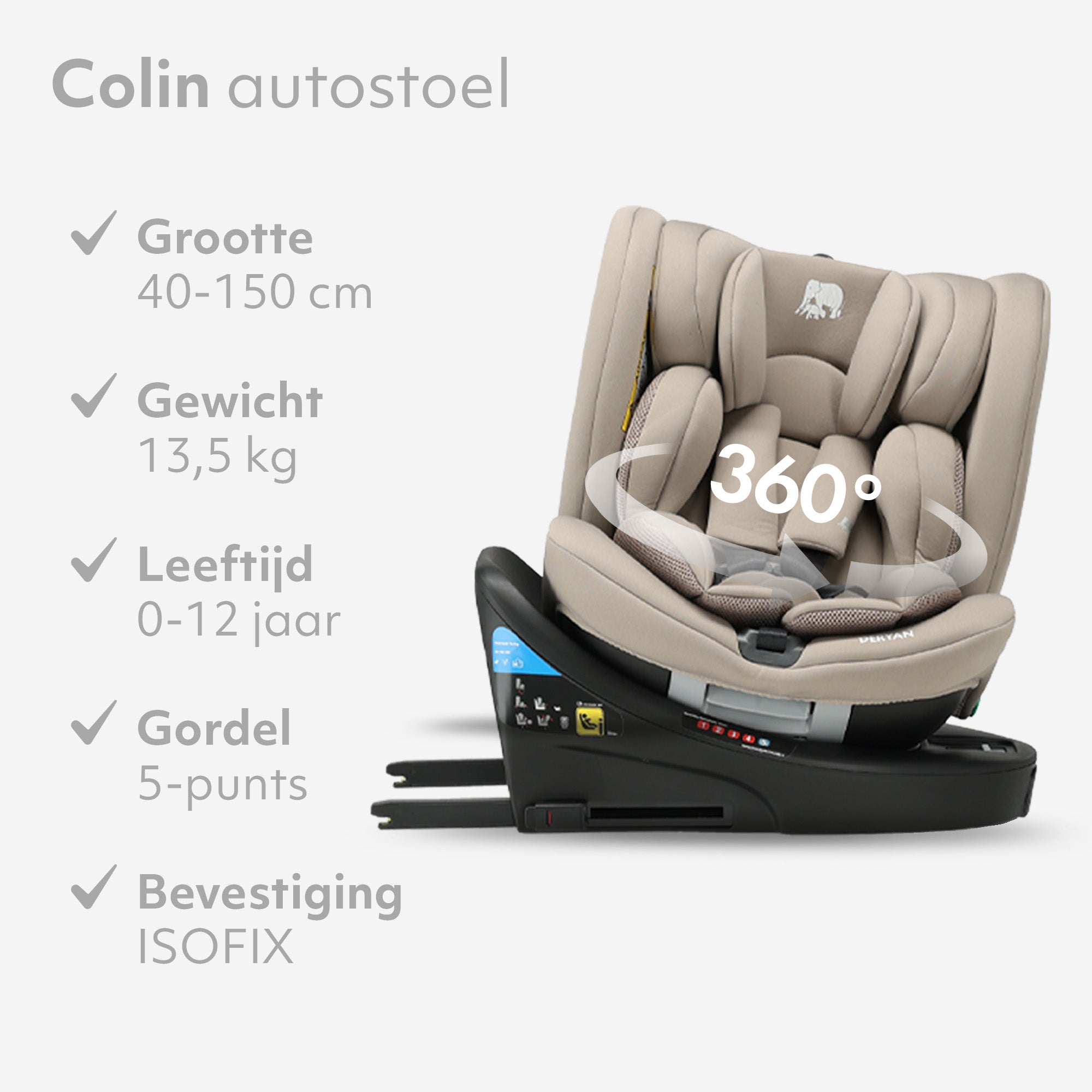 Colin Luxe I-size Autostoel - Groep 0-1-2-3 - Isofix - Draaibaar 360° - Nougat