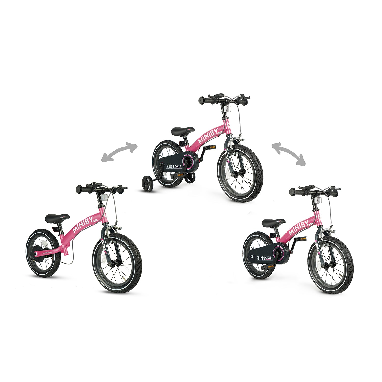 Qplay Miniby Kinderfiets 14 inch - 3 in 1 - loopfiets - Roze