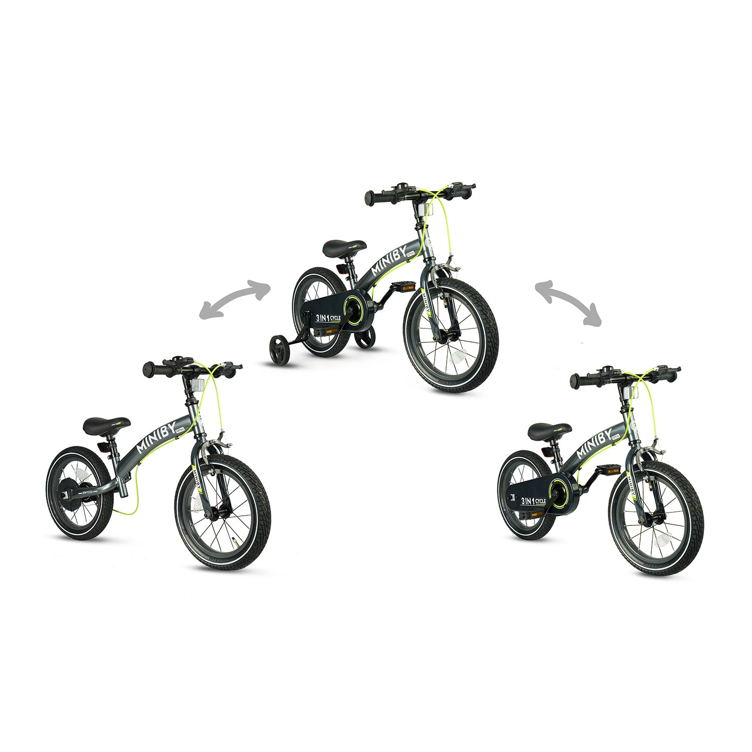 Qplay Miniby Kinderfiets 14 inch - 3 in 1 - loopfiets - Grijs