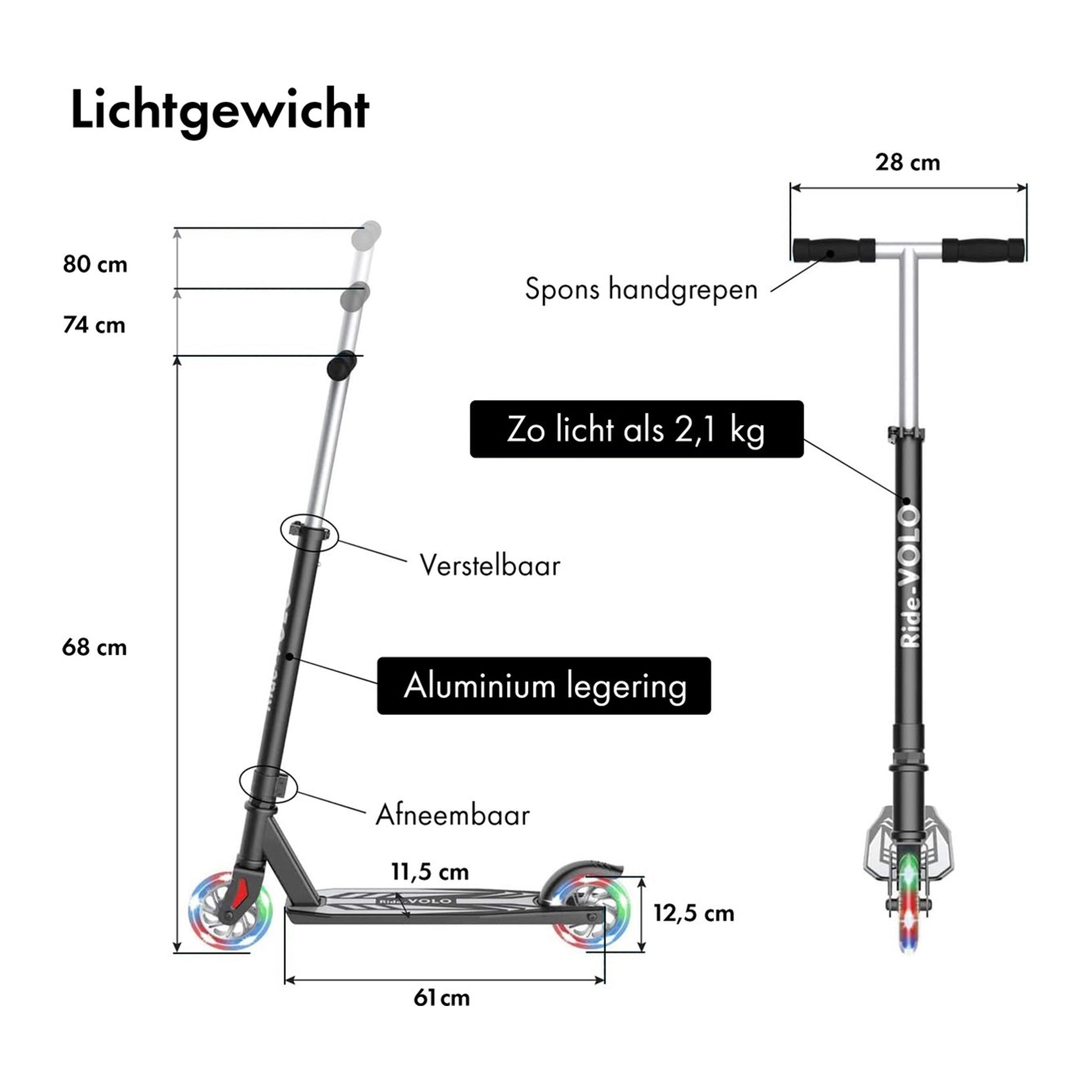 RideoVOLO Kinderstep - Aluminium Step - Lichtgevende wielen Zwart